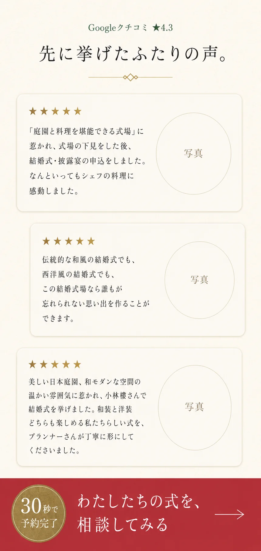 Googleクチコミ4.3。先に挙げたふたりの声。わたしたちの式を、相談してみる。